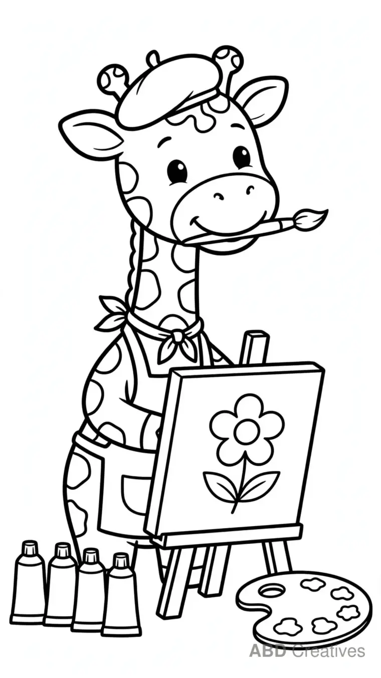 Artist Giraffe Painting a Picture Coloring Page