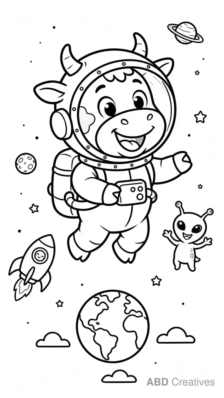 Astronaut Cow Floating in Space Coloring Page