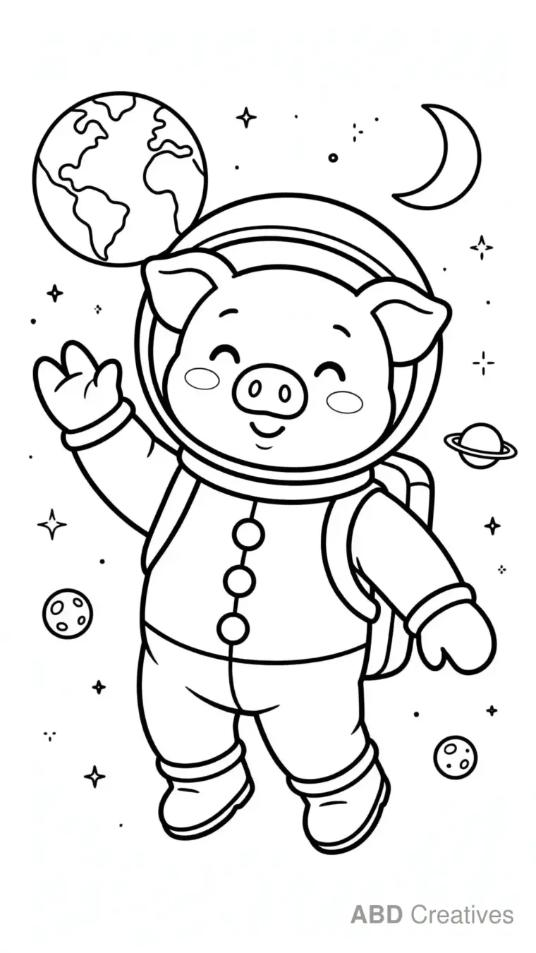 Astronaut Pig Floating in Space Coloring Page