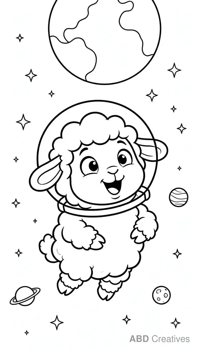 Astronaut Sheep Floating in Space Coloring Page