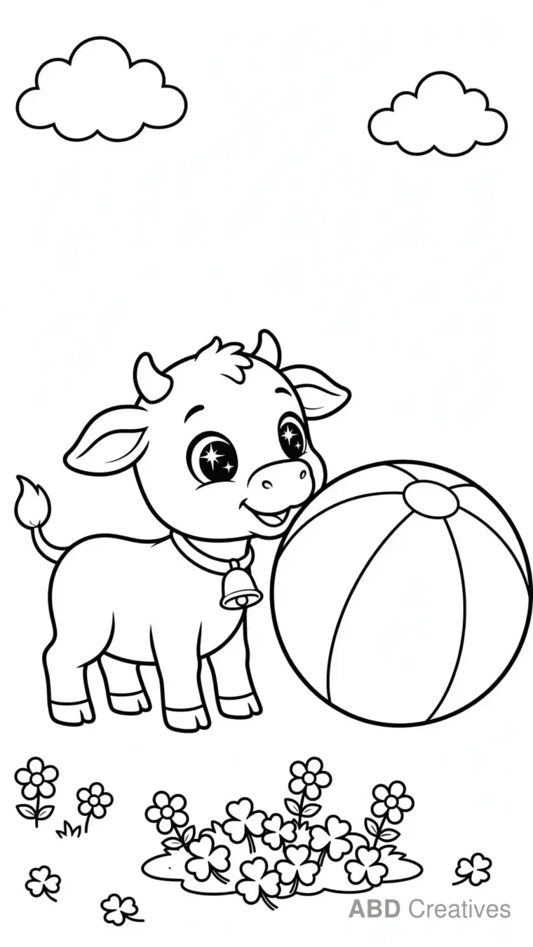 Baby Calf Playing with a Ball Coloring Page