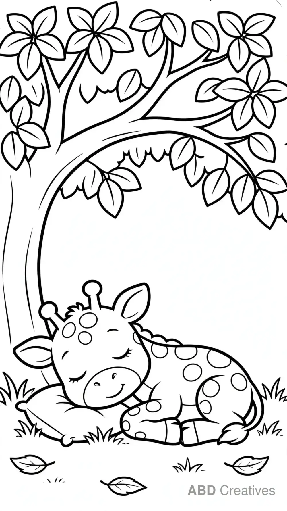 Baby Giraffe Napping Under a Tree Coloring Page