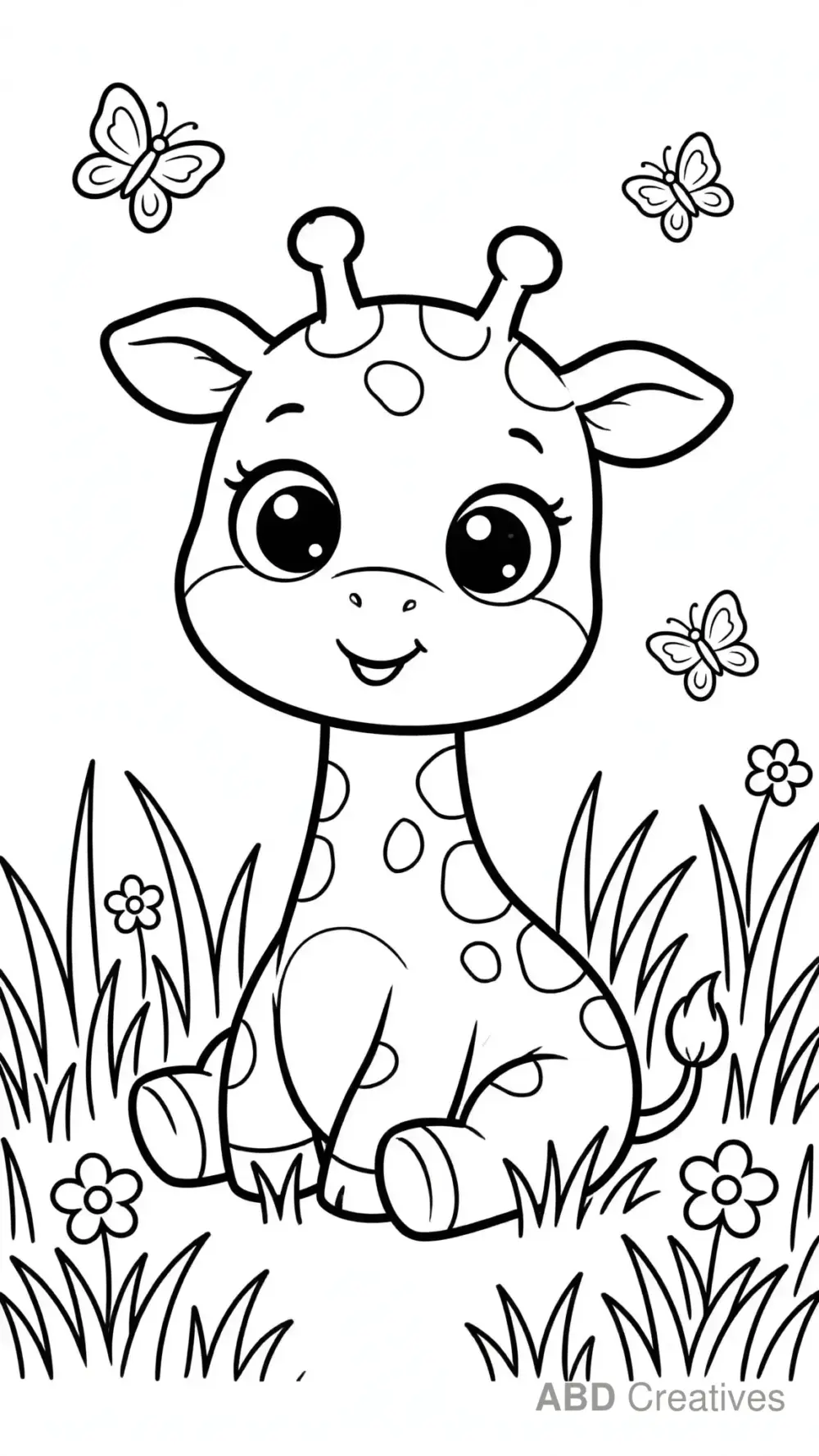 Baby Giraffe Sitting in Grass Coloring Page