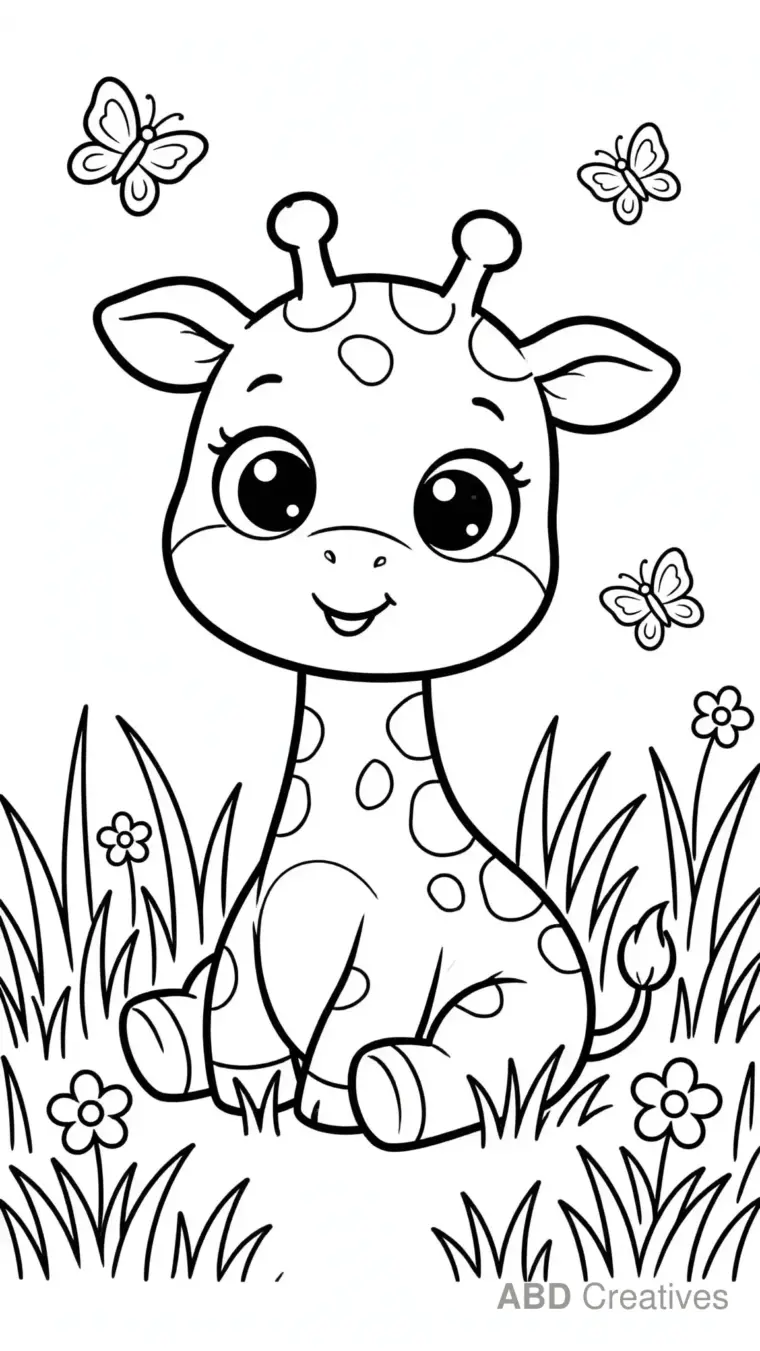 Baby Giraffe Sitting in Grass Coloring Page