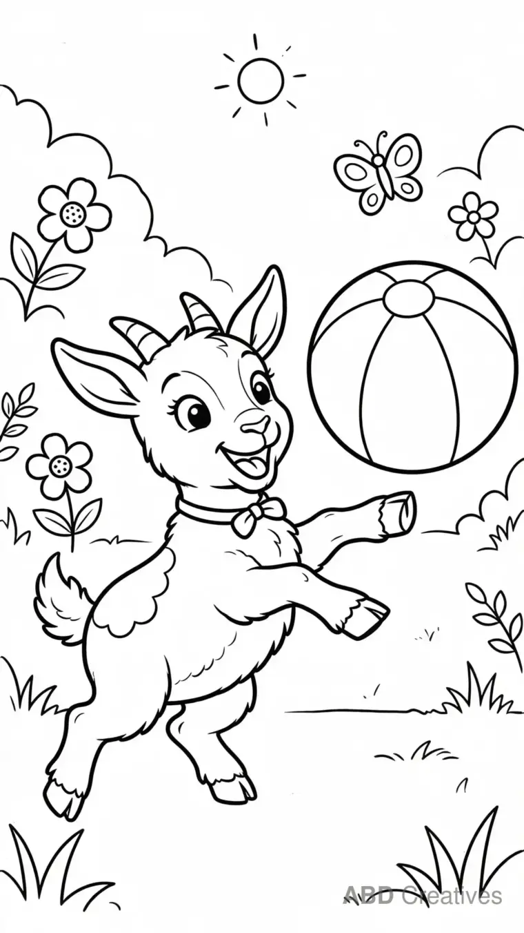 Baby Goat Playing with a Ball Coloring Page