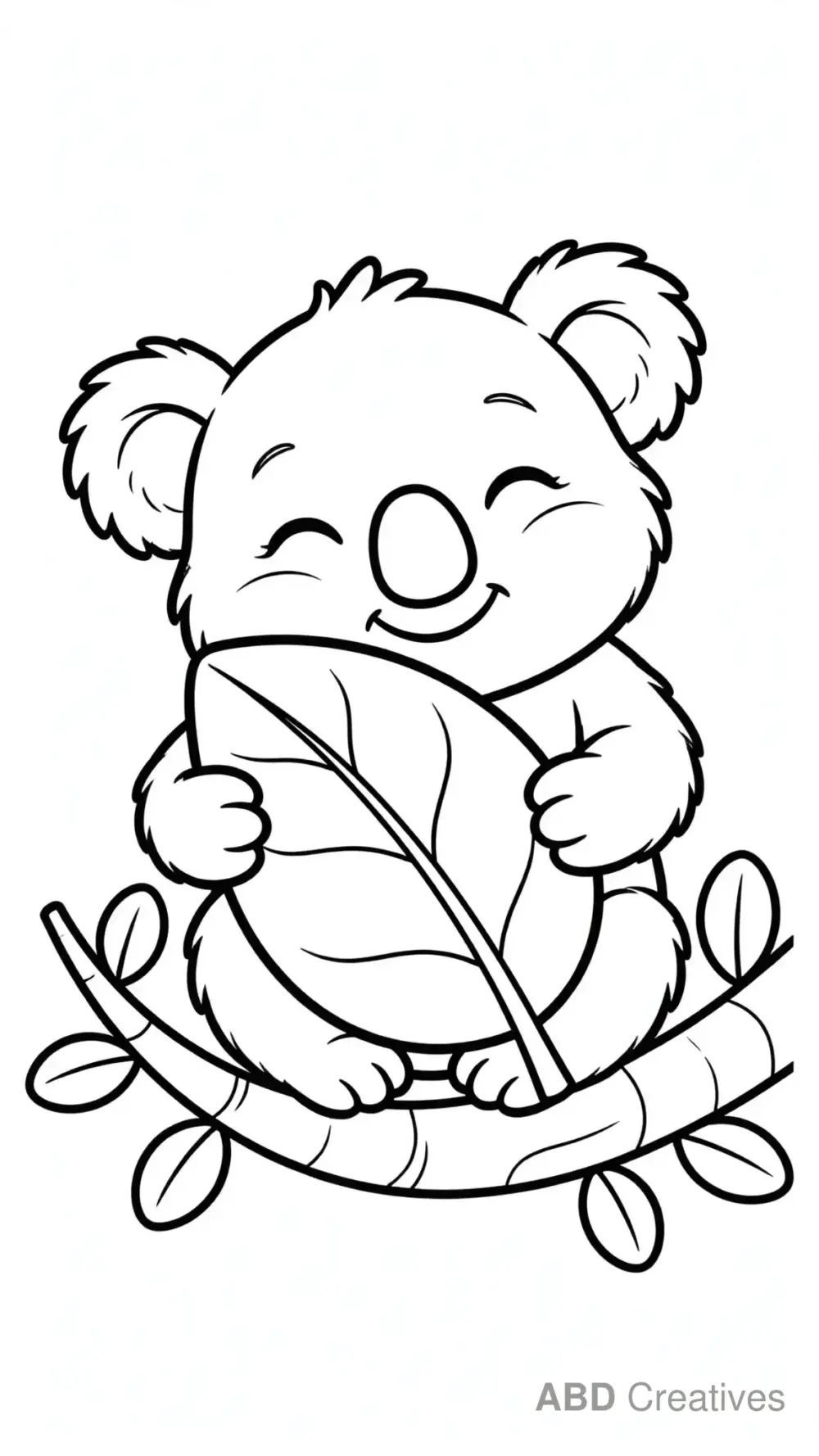 Baby Koala Hugging a Gum Leaf Coloring Page