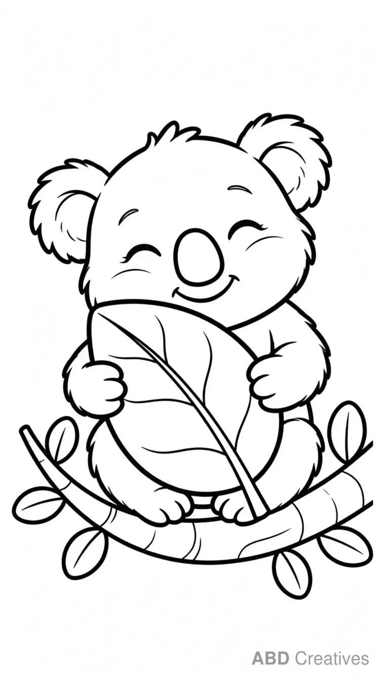 Baby Koala Hugging a Gum Leaf Coloring Page