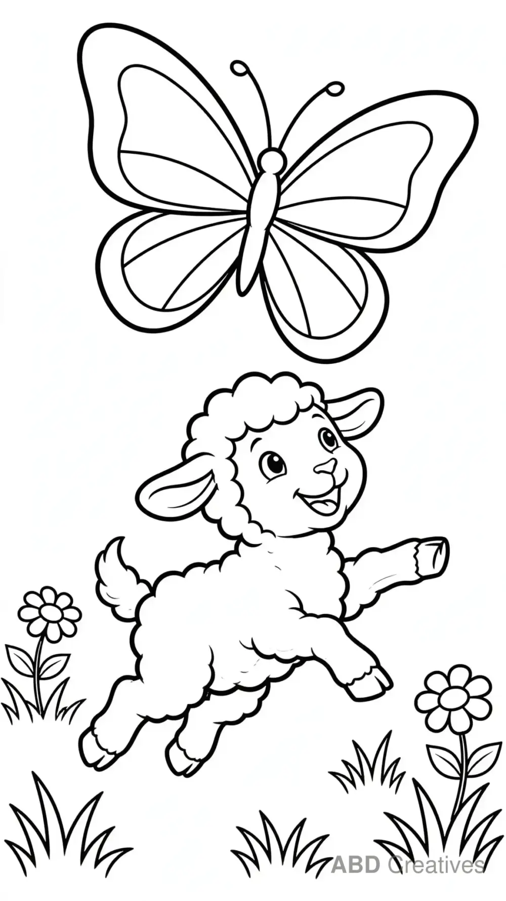 Baby Lamb Playing with a Butterfly Coloring Page