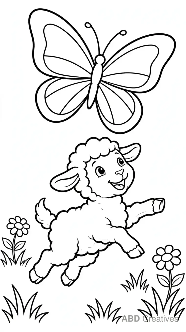 Baby Lamb Playing with a Butterfly Coloring Page