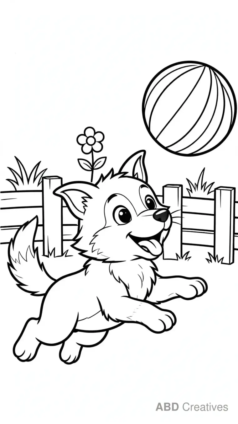 Baby Wolf Playing with a Ball Coloring Page