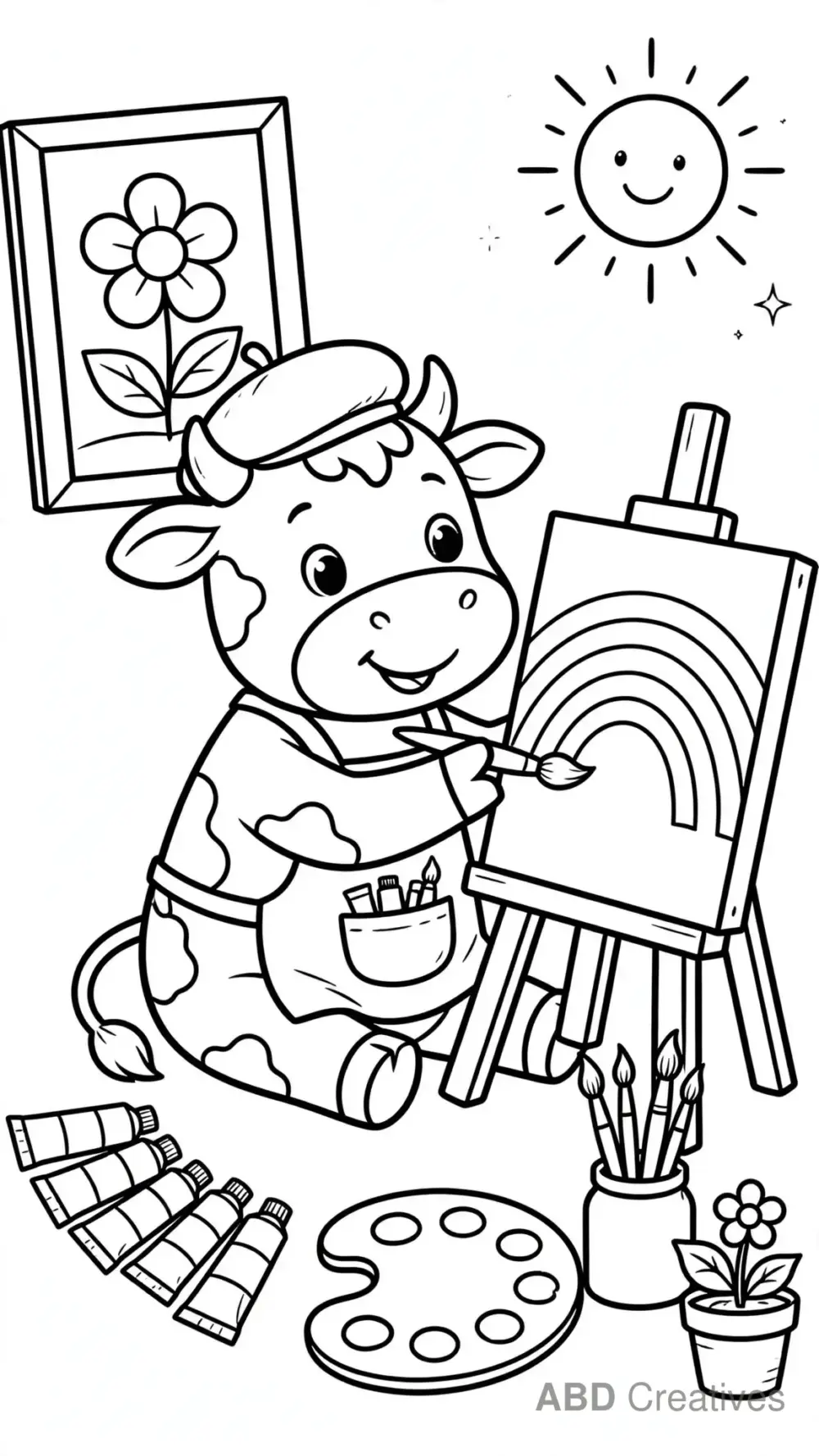 Cow Artist Painting a Rainbow Coloring Page