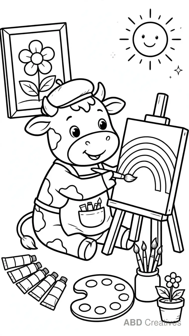 Cow Artist Painting a Rainbow Coloring Page