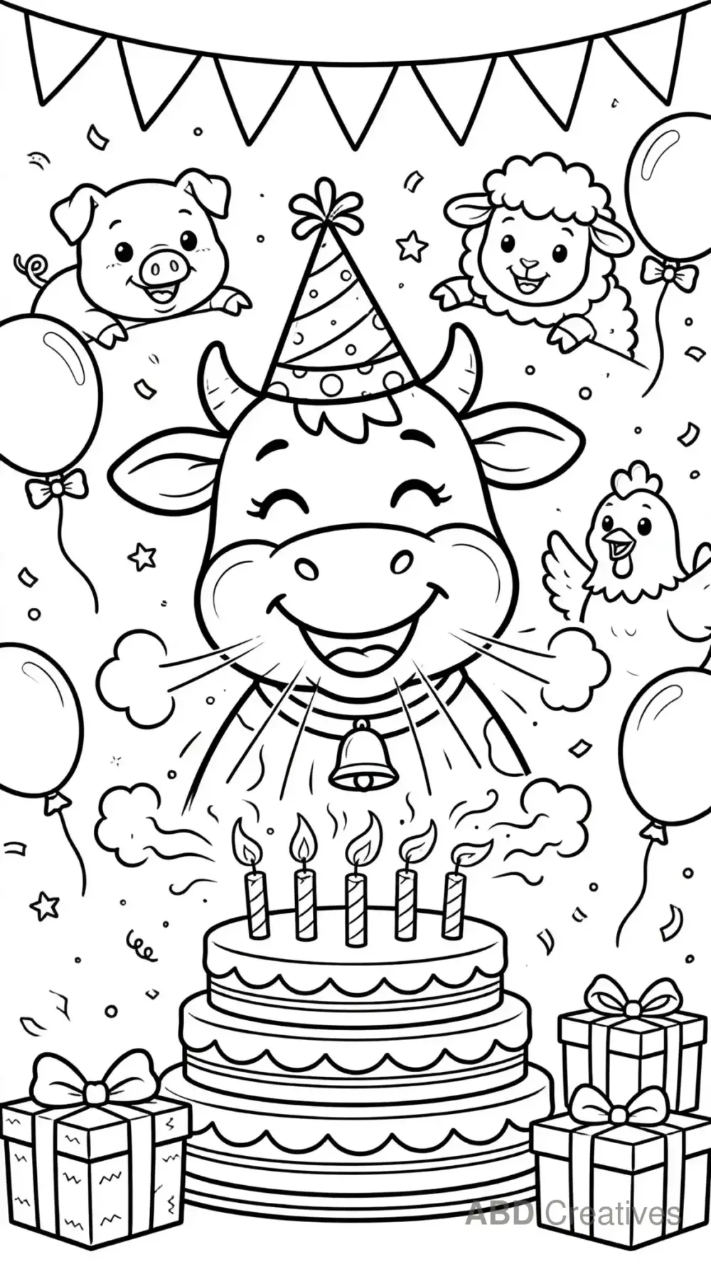 Cow Birthday Party with Cake Coloring Page