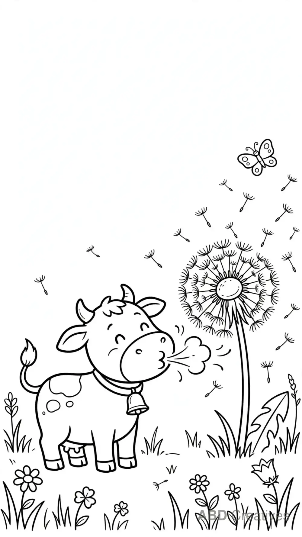 Cow Blowing Dandelion Seeds Coloring Page