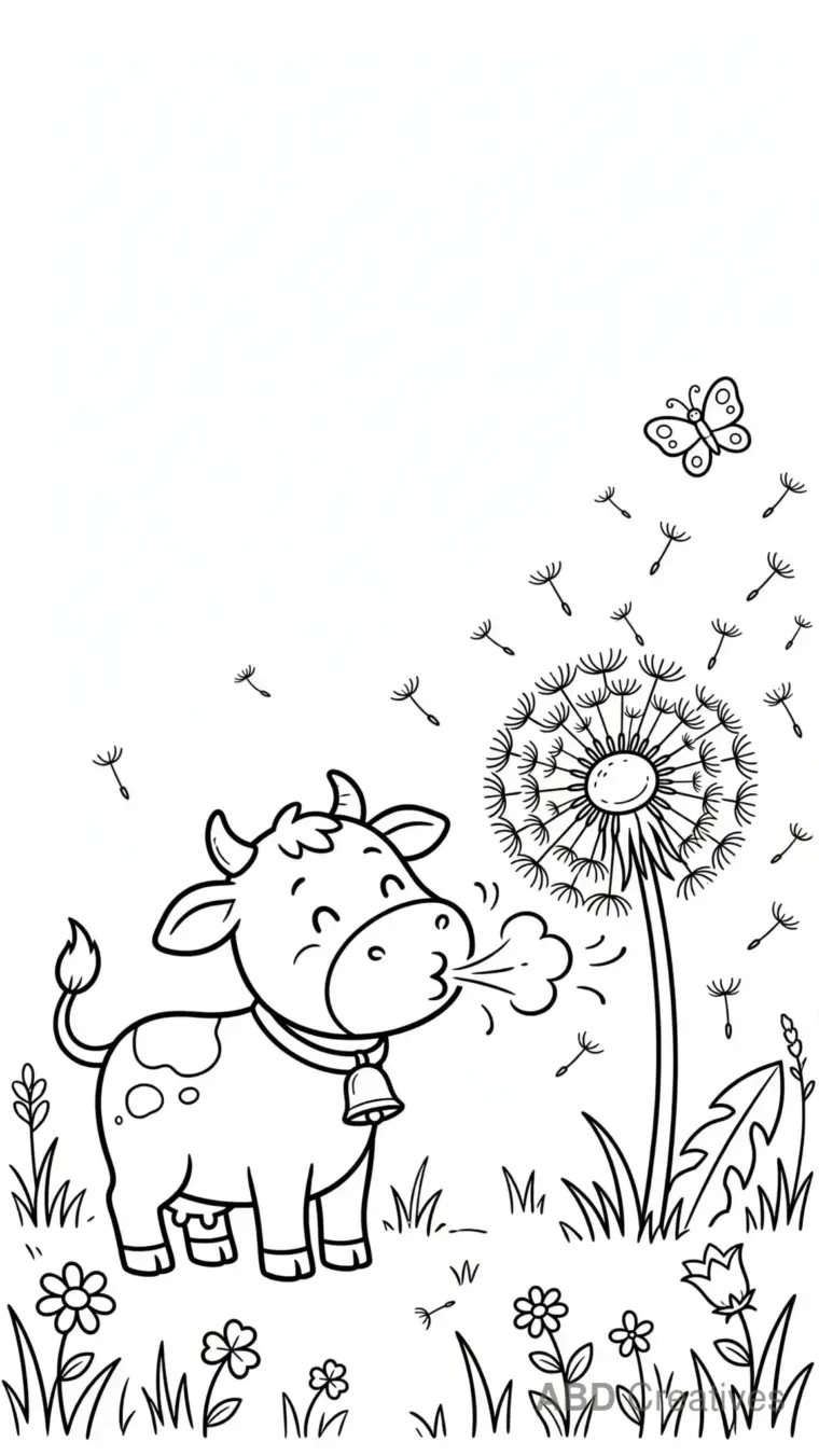 Cow Blowing Dandelion Seeds Coloring Page