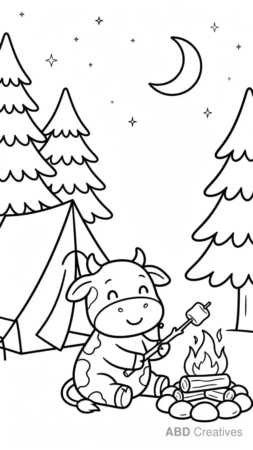 Cow Camping Under the Stars Coloring Page