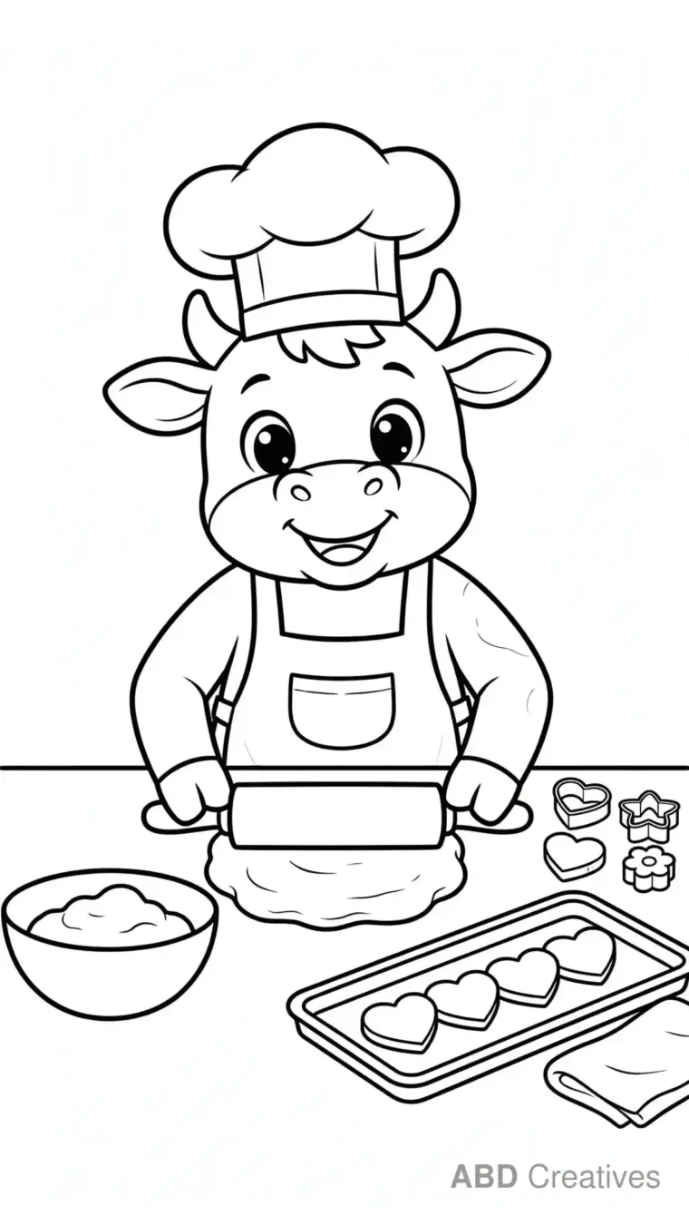 Cow Chef Baking Cookies Coloring Page