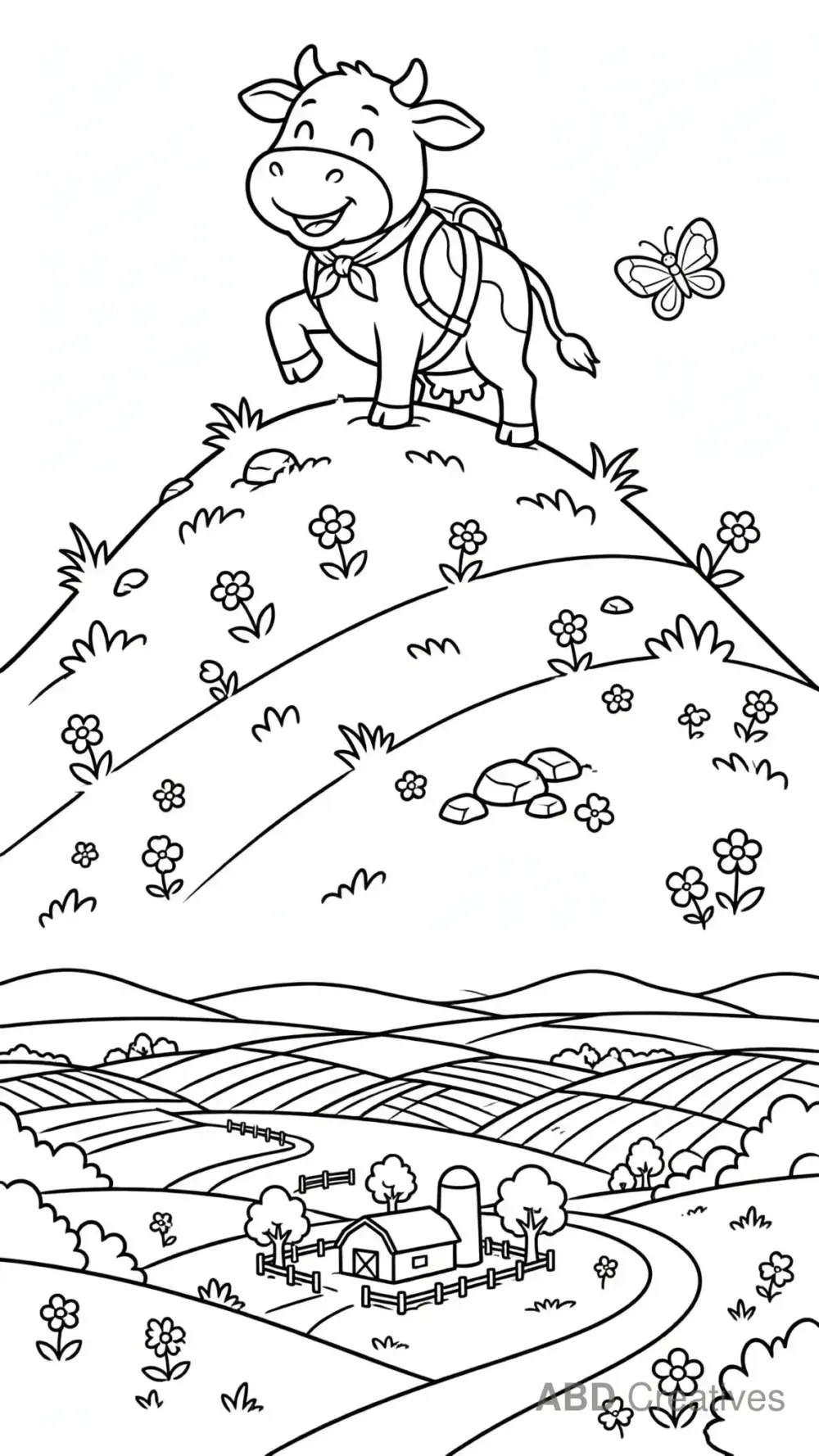 Cow Climbing a Grassy Hill Coloring Page