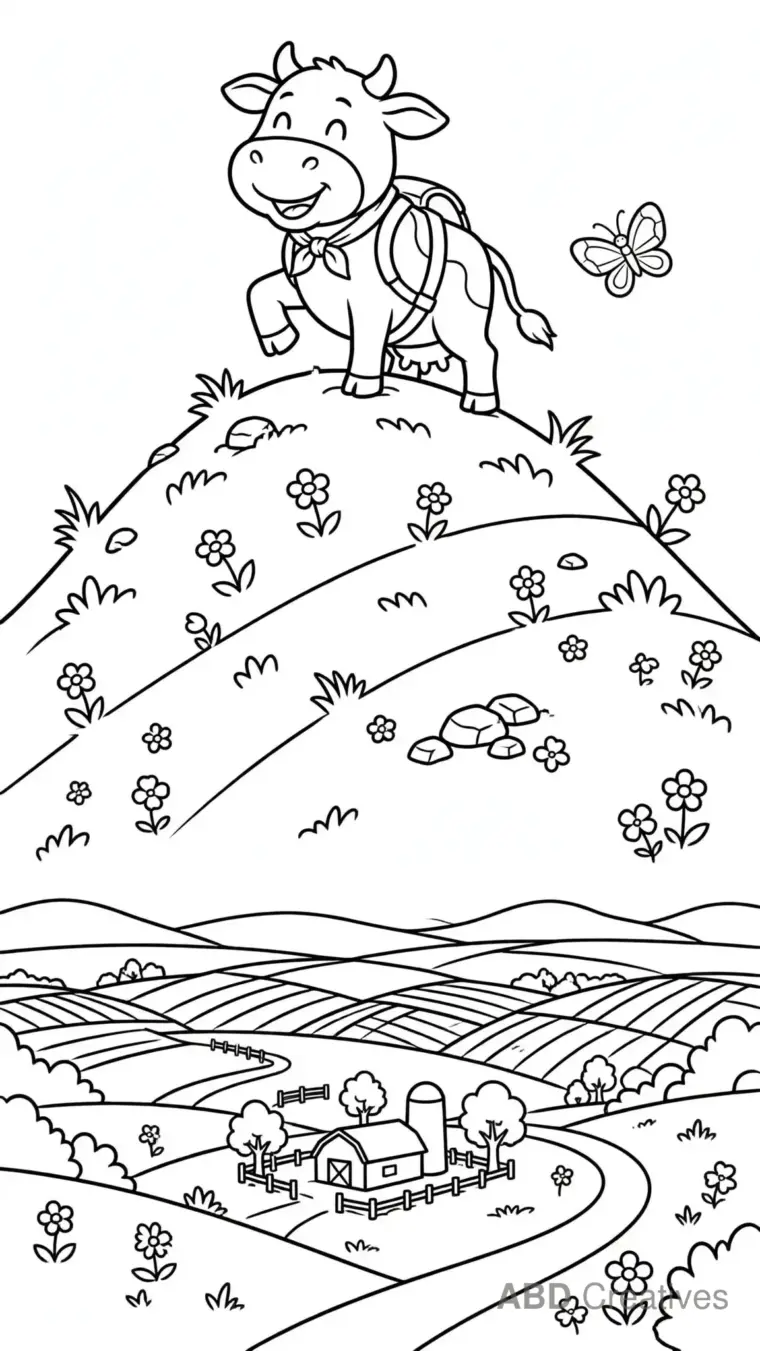 Cow Climbing a Grassy Hill Coloring Page