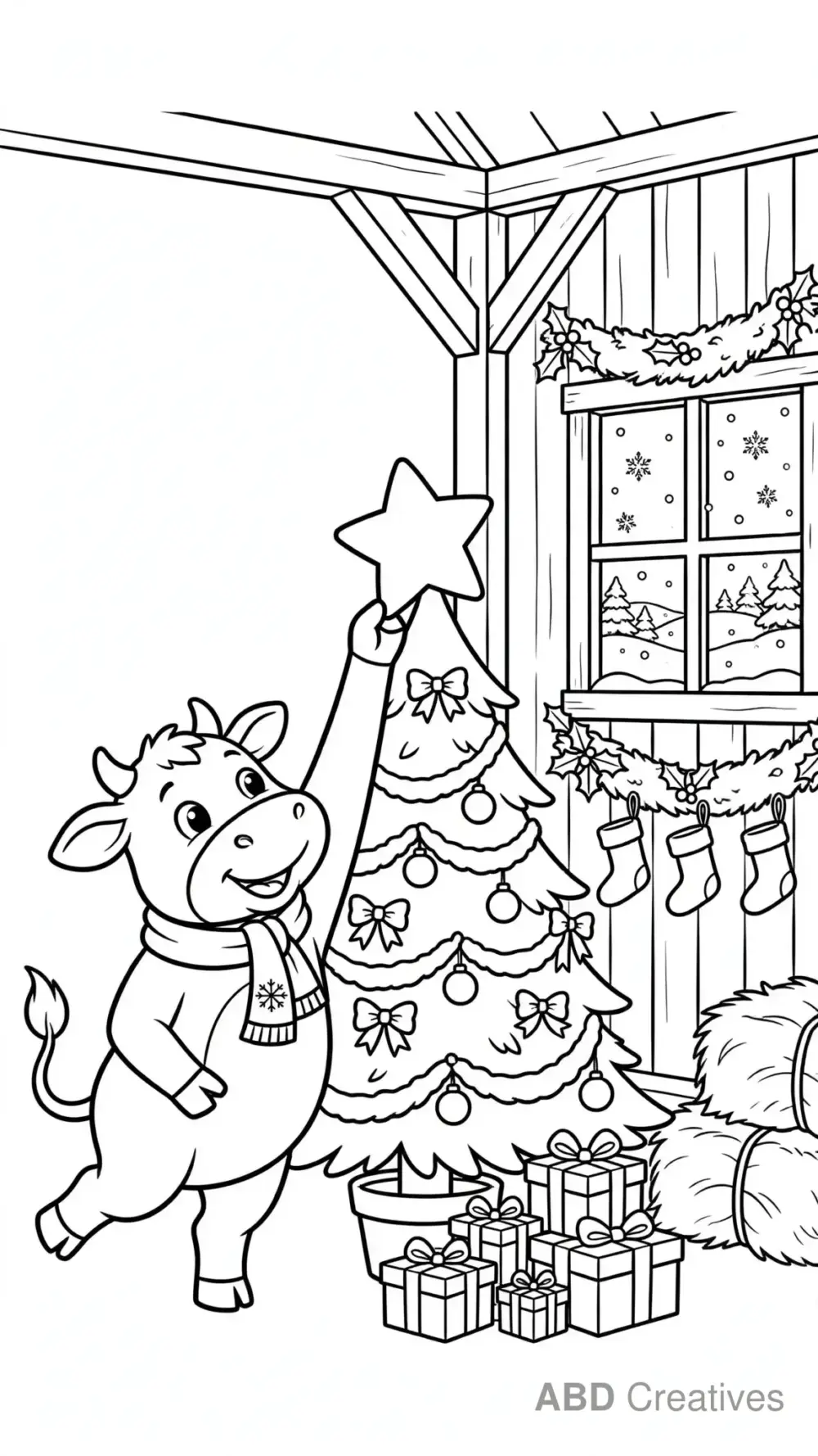 Cow Decorating the Christmas Barn Coloring Page