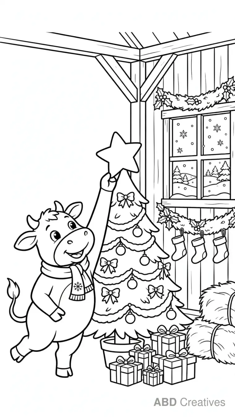 Cow Decorating the Christmas Barn Coloring Page