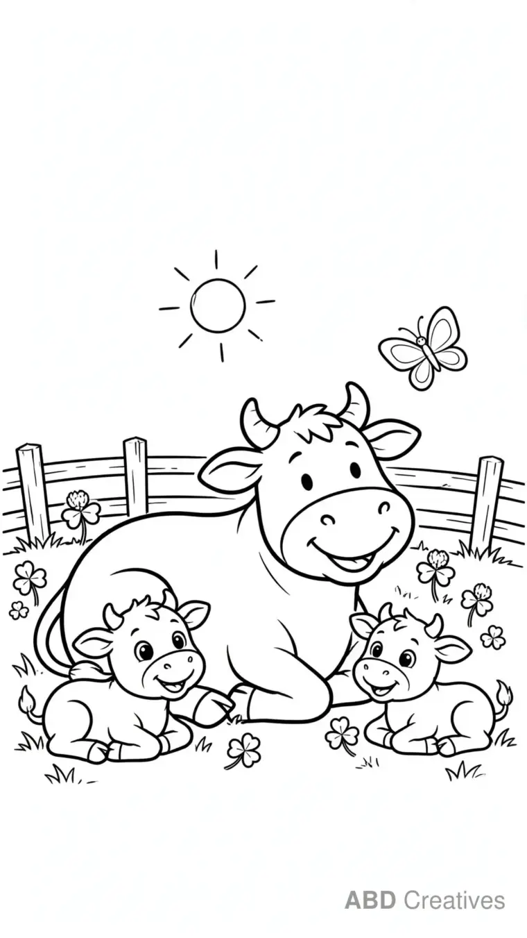 Cow Family Resting in the Pasture Coloring Page