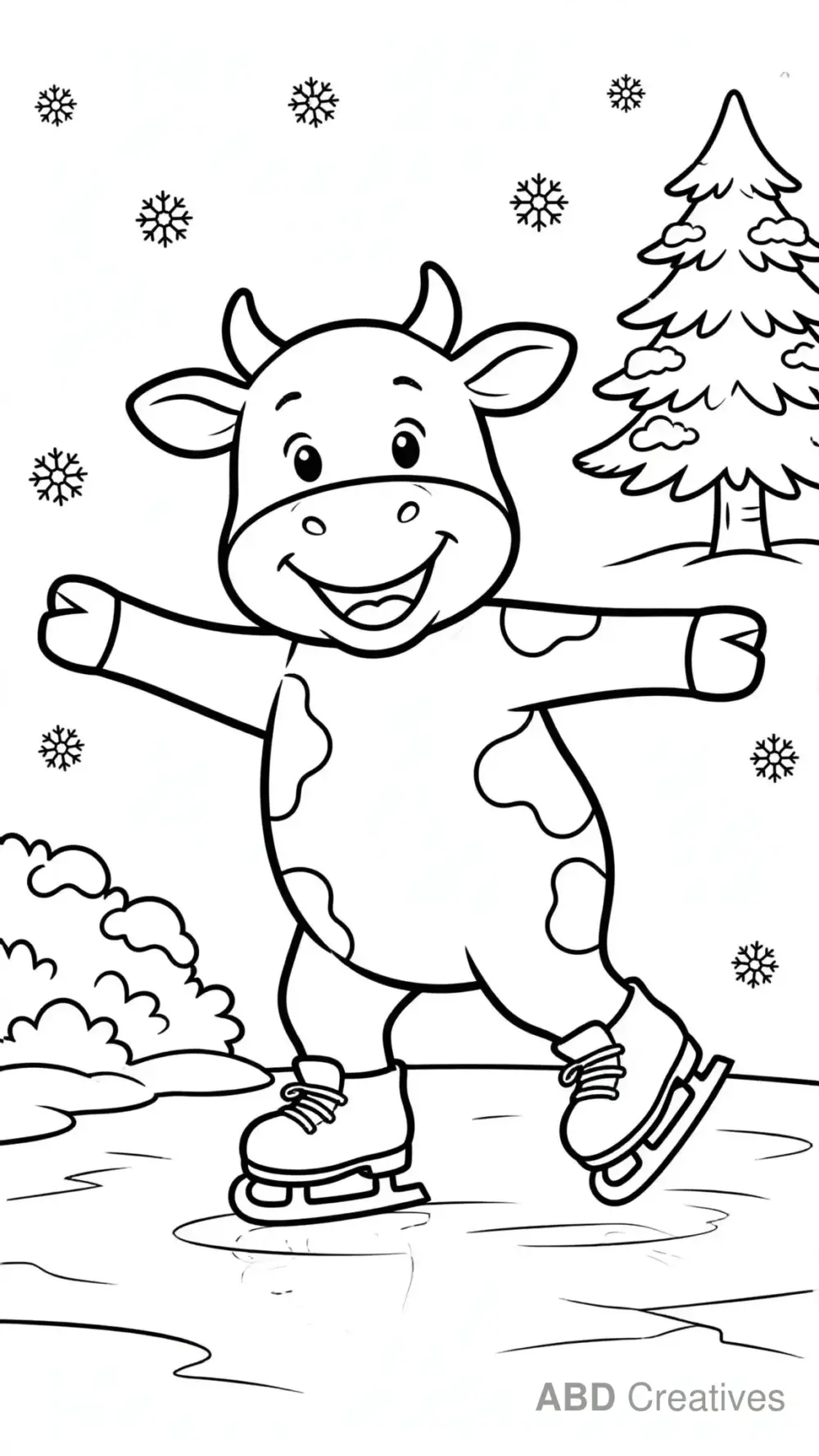 Cow Ice Skating on a Frozen Pond Coloring Page