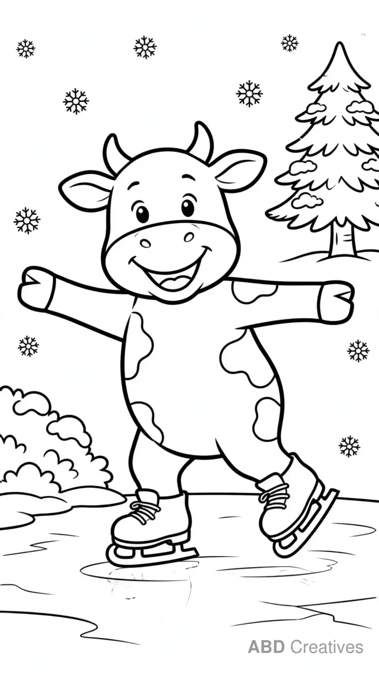 Cow Ice Skating on a Frozen Pond Coloring Page