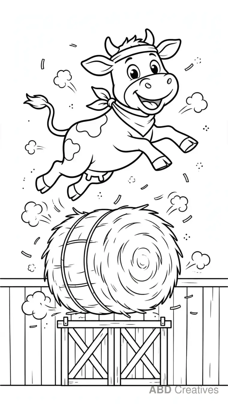 Cow Jumping Over a Hay Bale Coloring Page