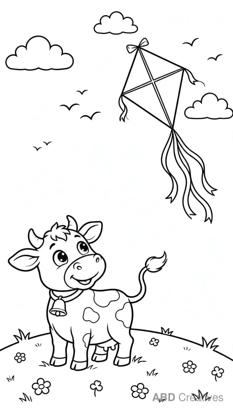 Cow Looking Up at a Flying Kite Coloring Page