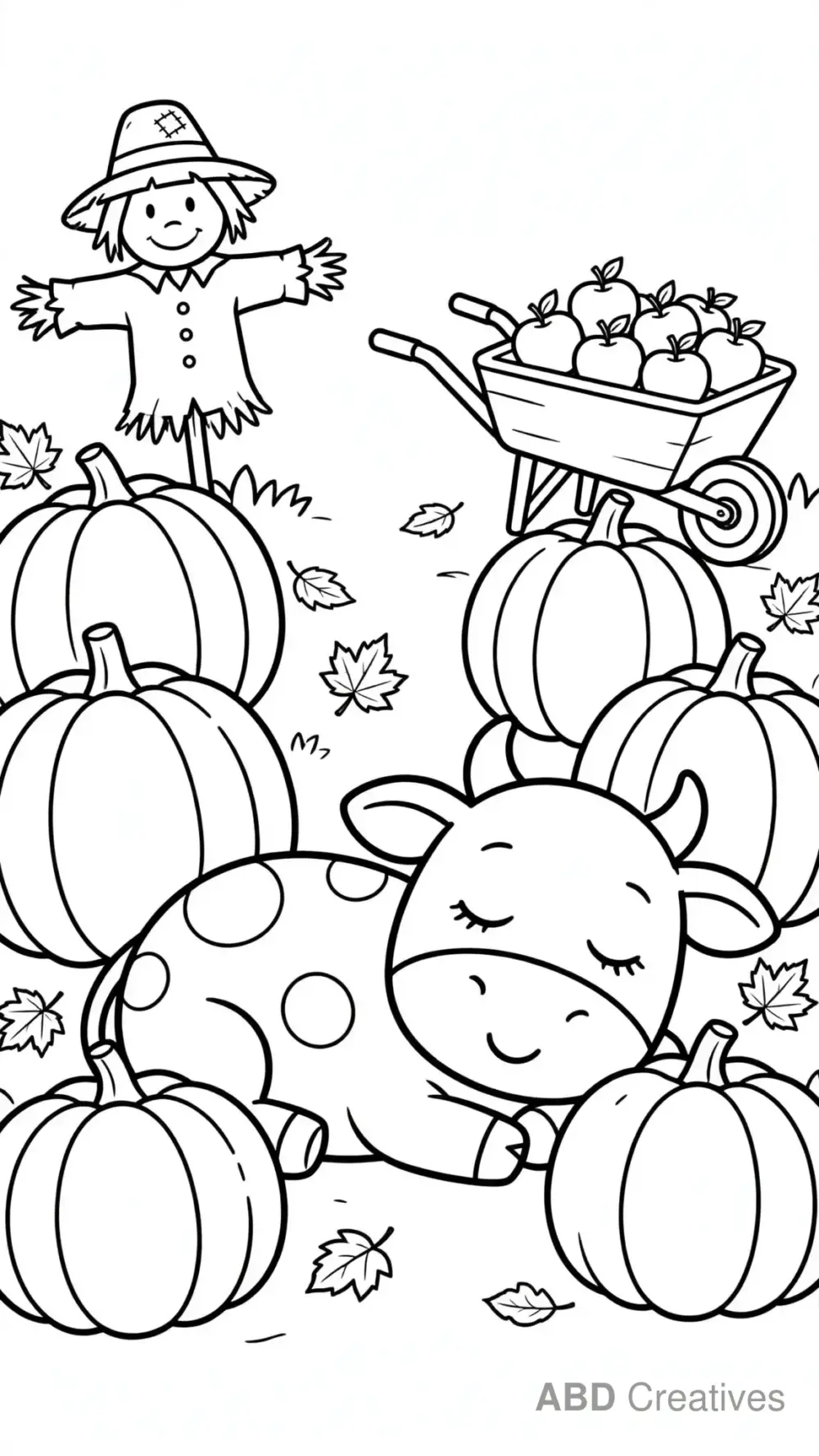 Cow Lying in a Pumpkin Patch Coloring Page