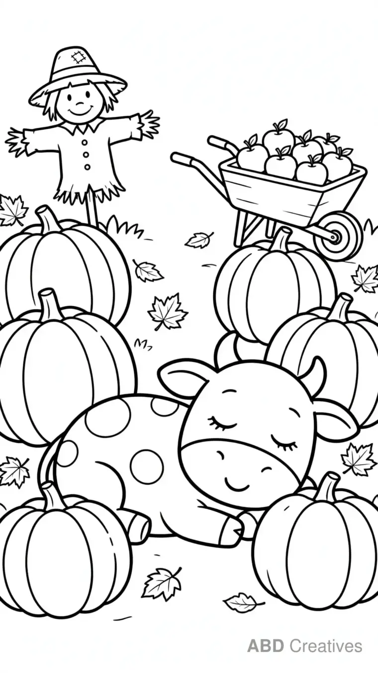 Cow Lying in a Pumpkin Patch Coloring Page