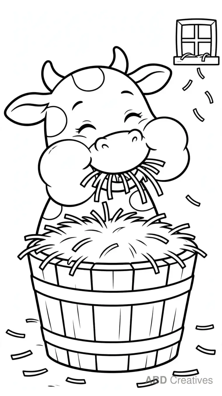 Cow Munching Hay from a Bucket Coloring Page