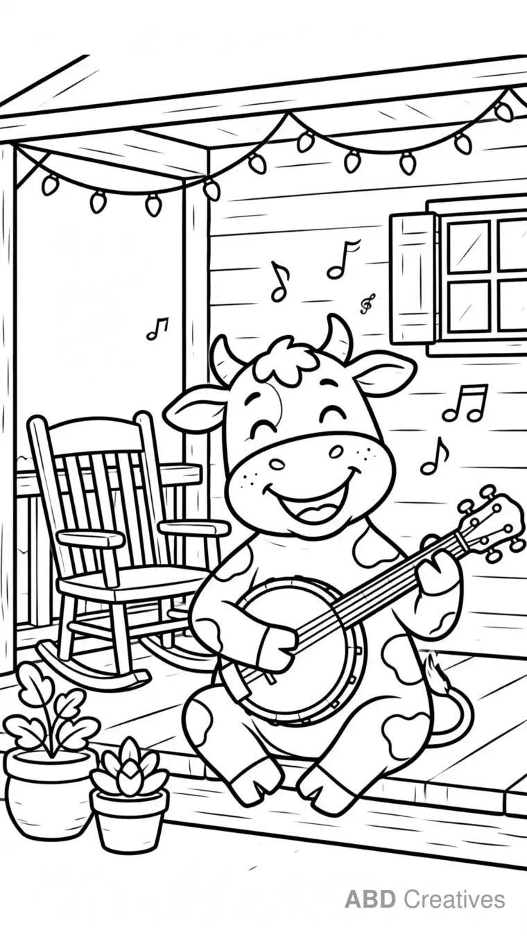 Cow Playing a Banjo on the Porch Coloring Page