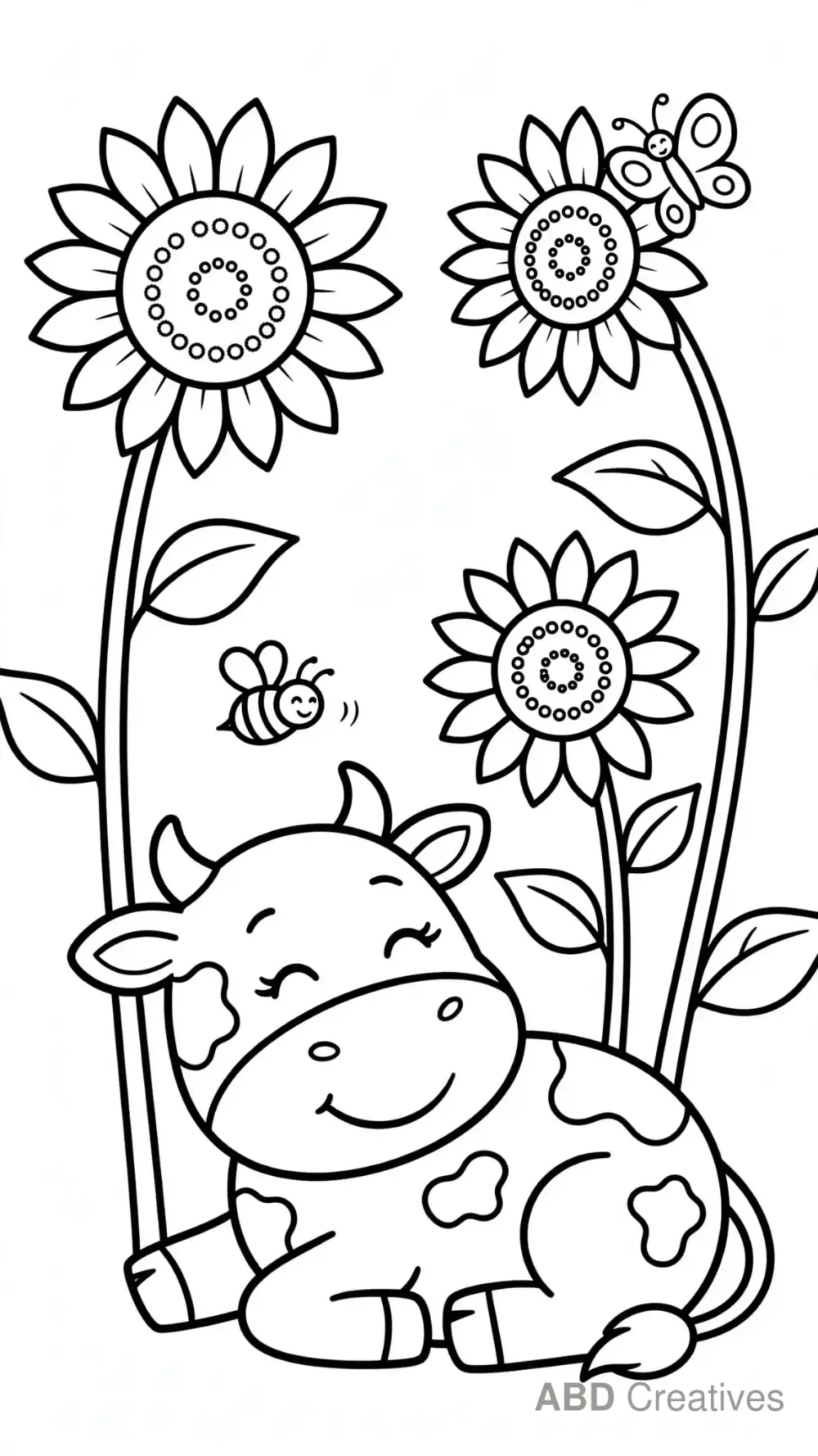 Cow Resting in a Sunflower Field Coloring Page