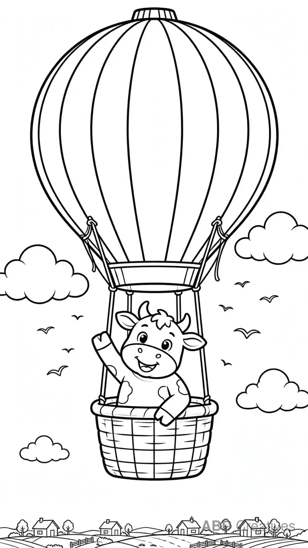 Cow Riding a Hot Air Balloon Coloring Page