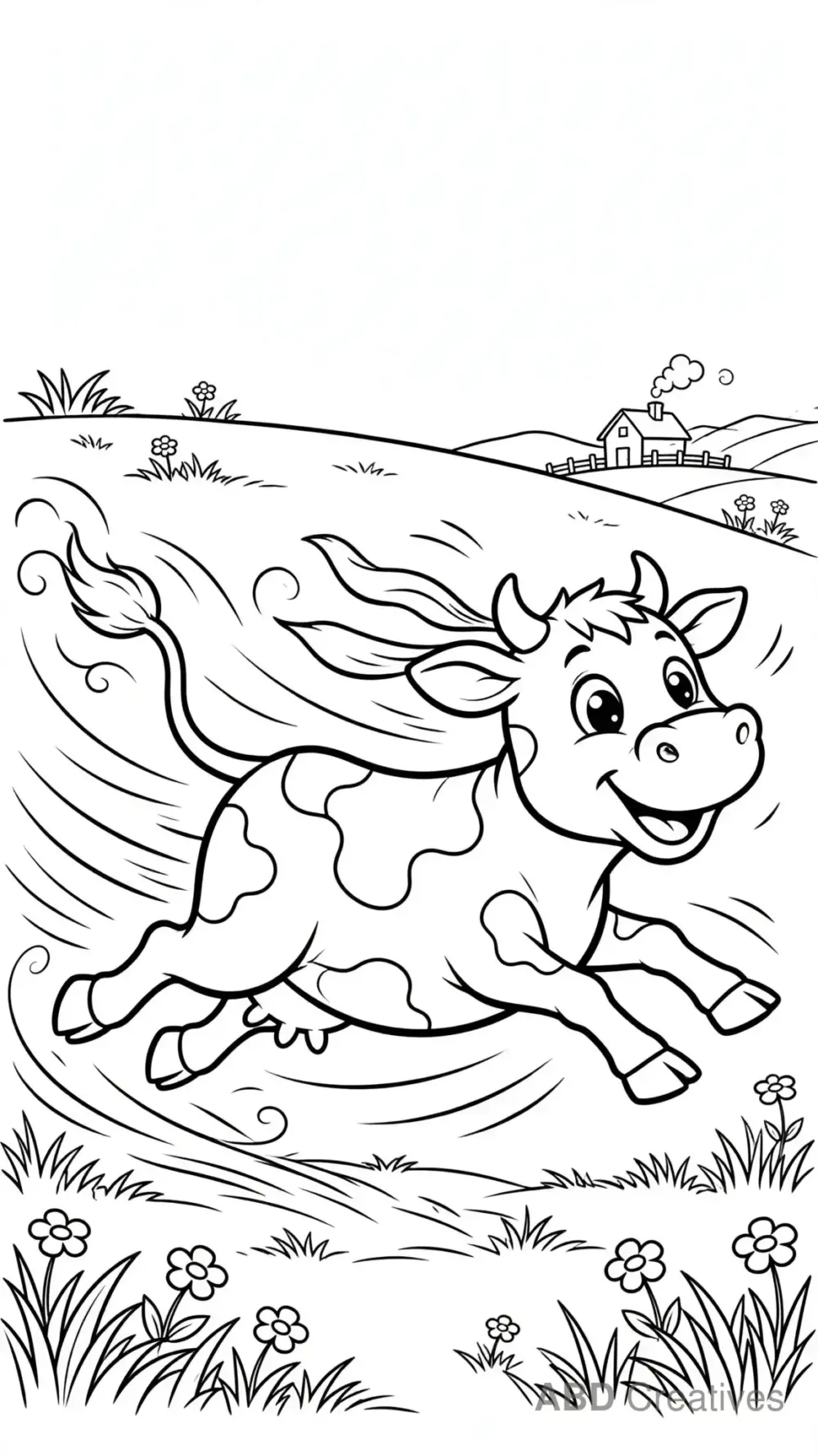 Cow Running Through a Meadow Coloring Page