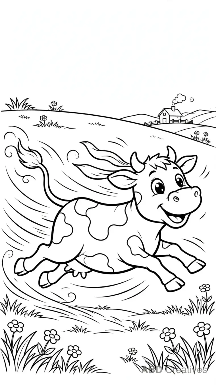 Cow Running Through a Meadow Coloring Page