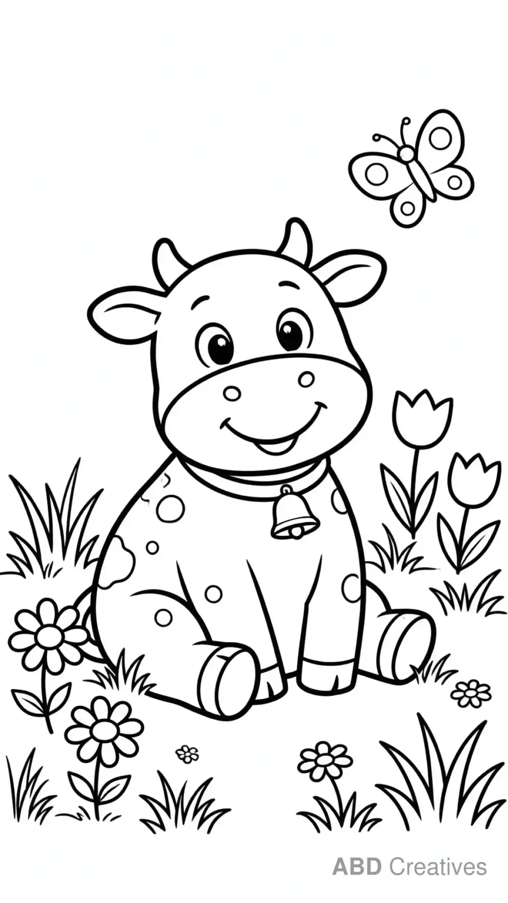 Cow Sitting in a Flower Meadow Coloring Page