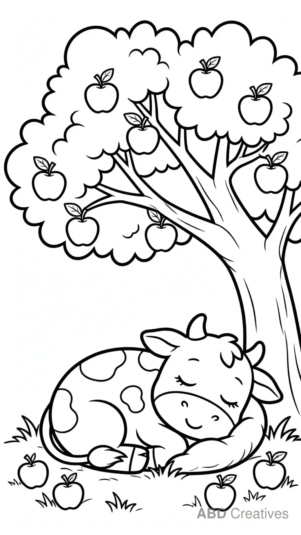 Cow Sleeping Under an Apple Tree Coloring Page