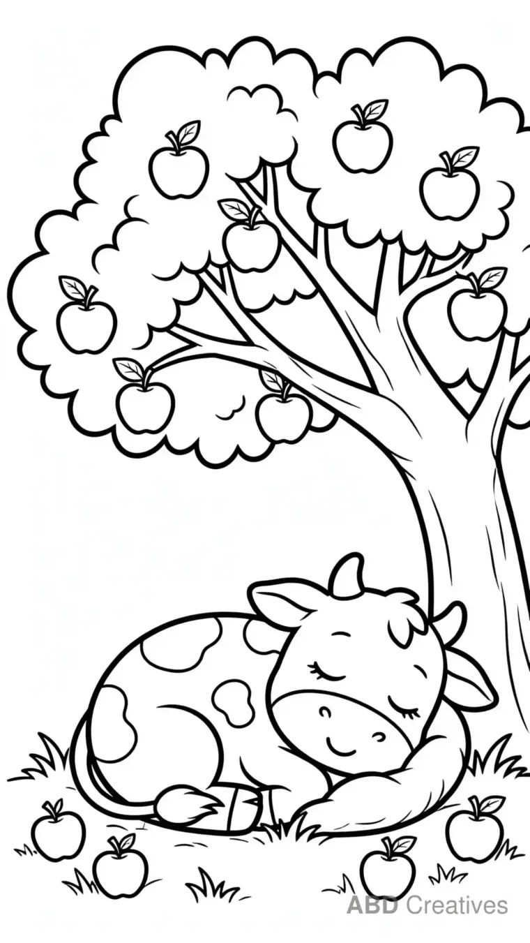 Cow Sleeping Under an Apple Tree Coloring Page