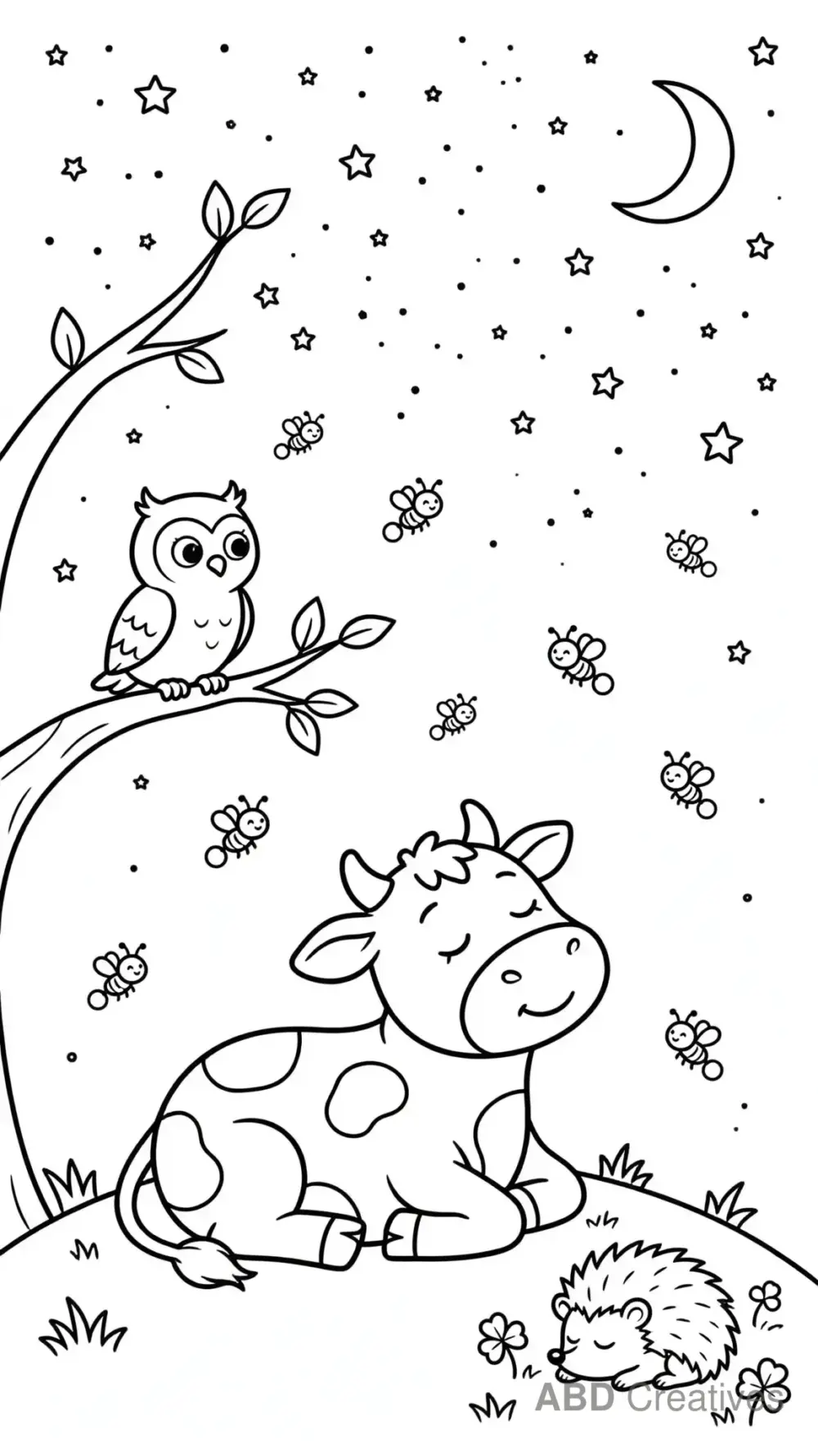 Cow Star Gazing at Night Coloring Page