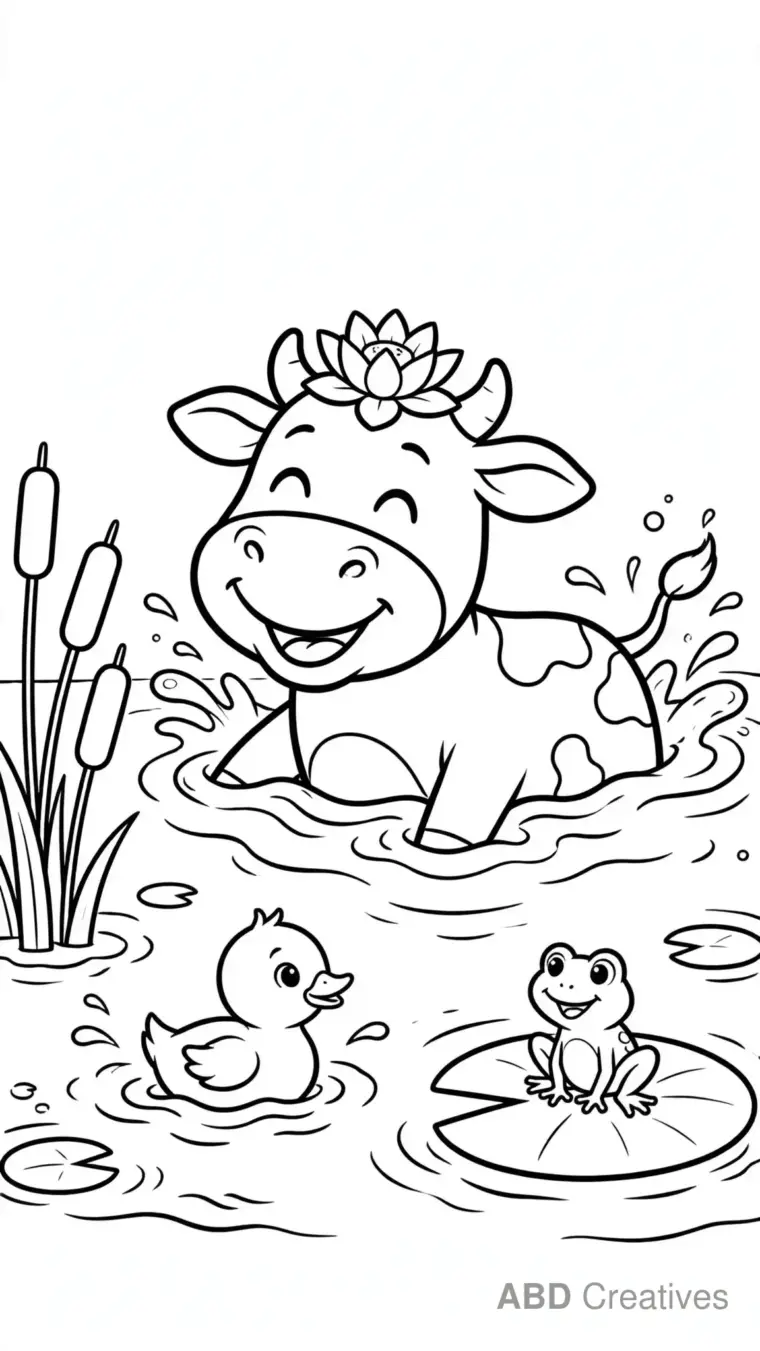 Cow Swimming in a Farm Pond Coloring Page