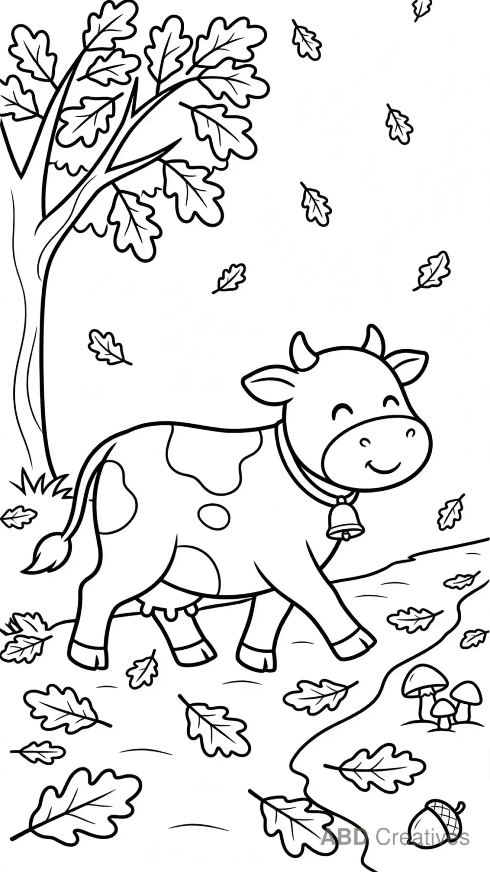Cow Walking Through Autumn Leaves Coloring Page