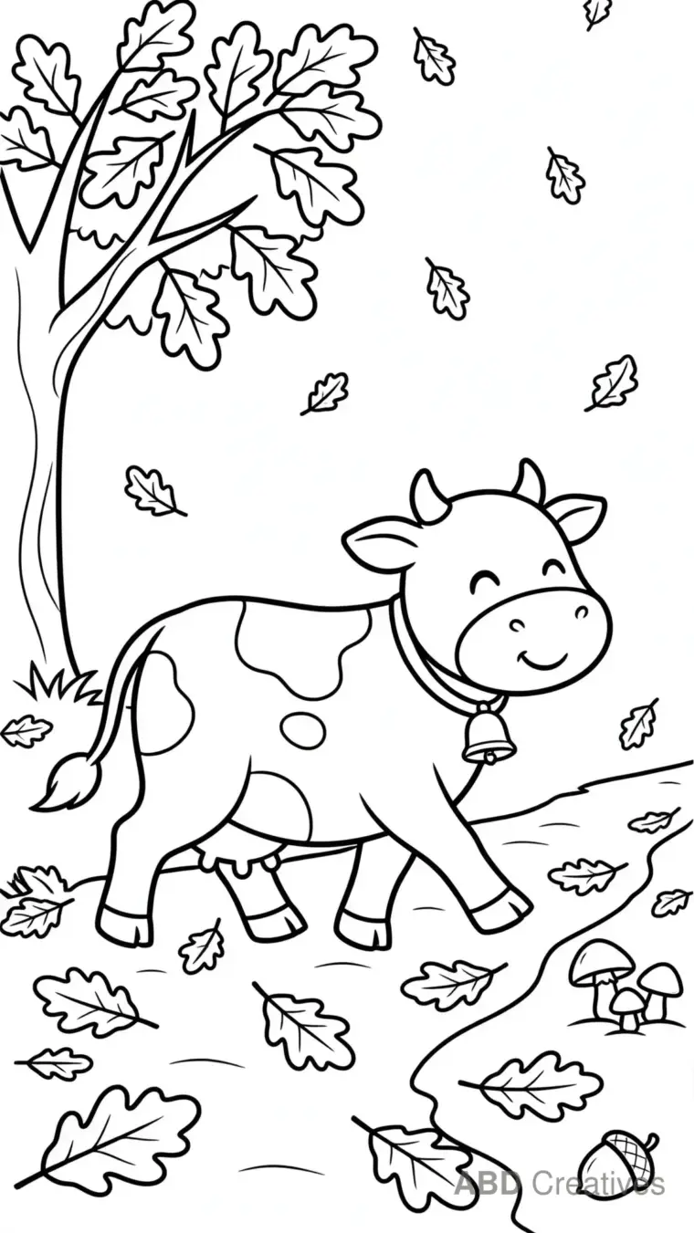 Cow Walking Through Autumn Leaves Coloring Page
