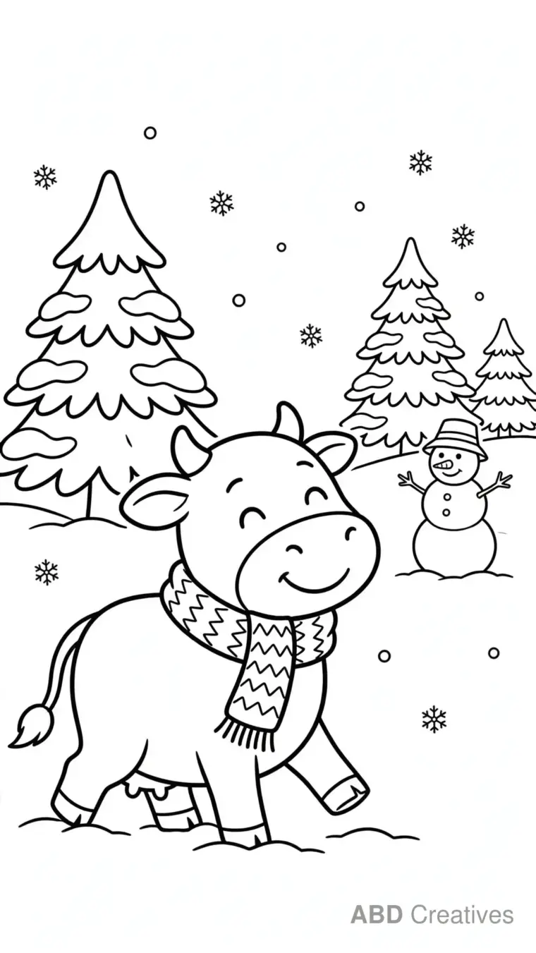 Cow Walking in Winter Snow Wearing a Scarf Coloring Page