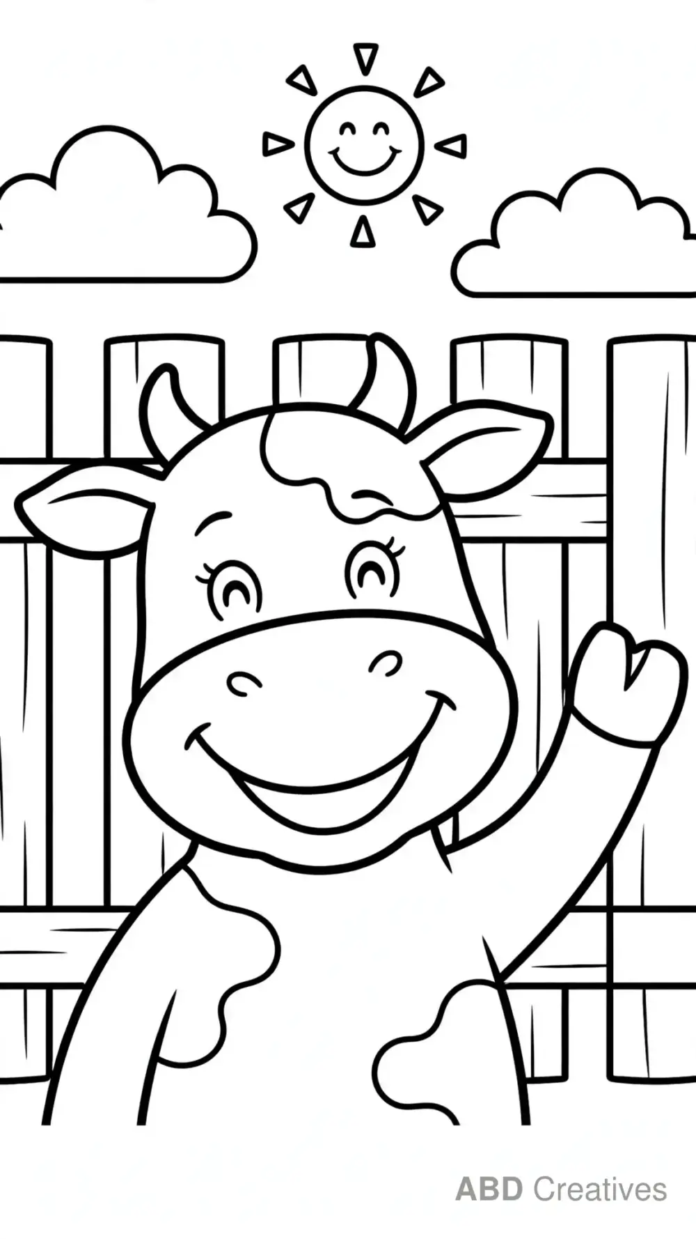 Cow Waving Hello at the Farm Gate Coloring Page