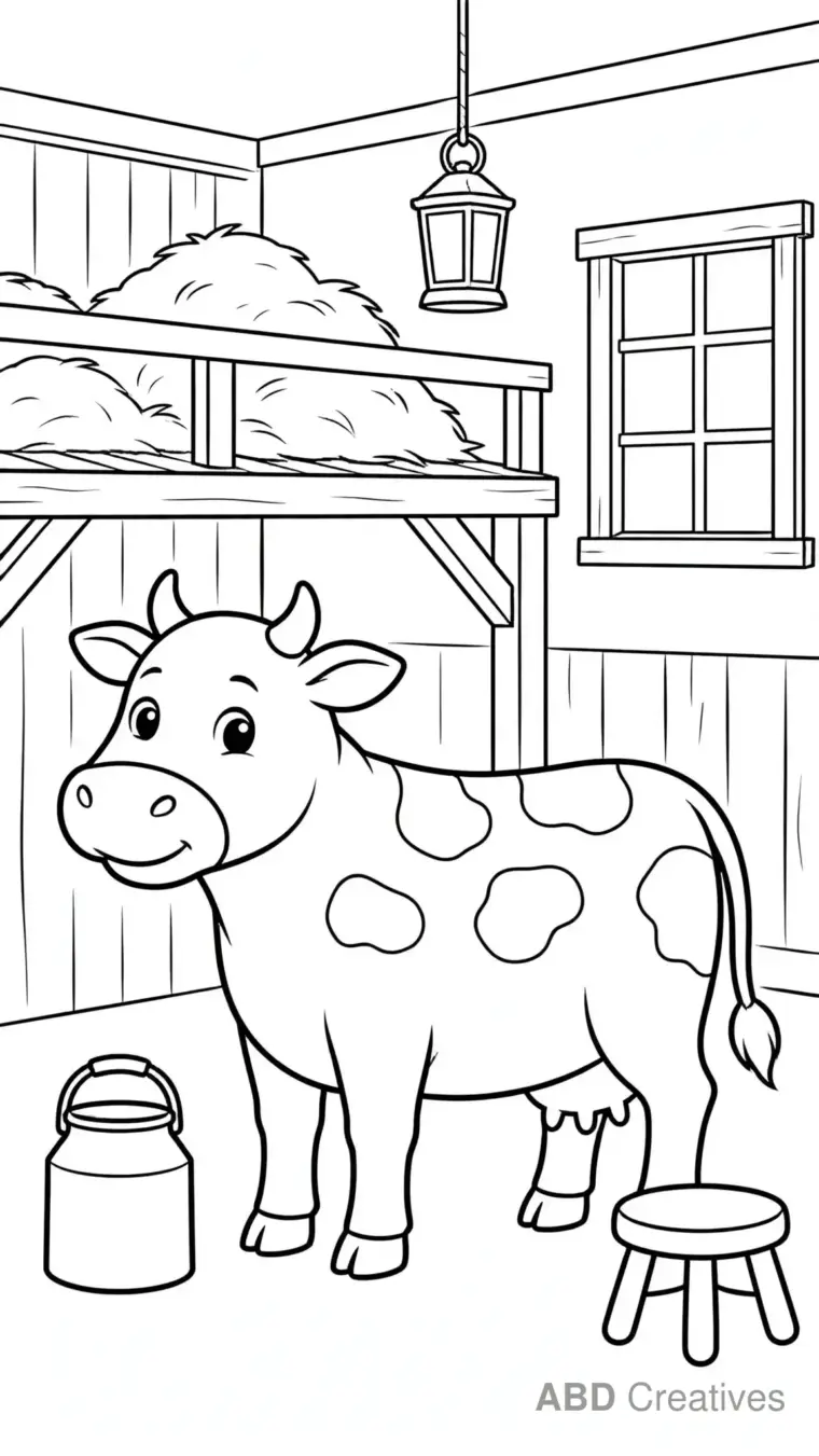 Cow at Milking Time in the Dairy Barn Coloring Page