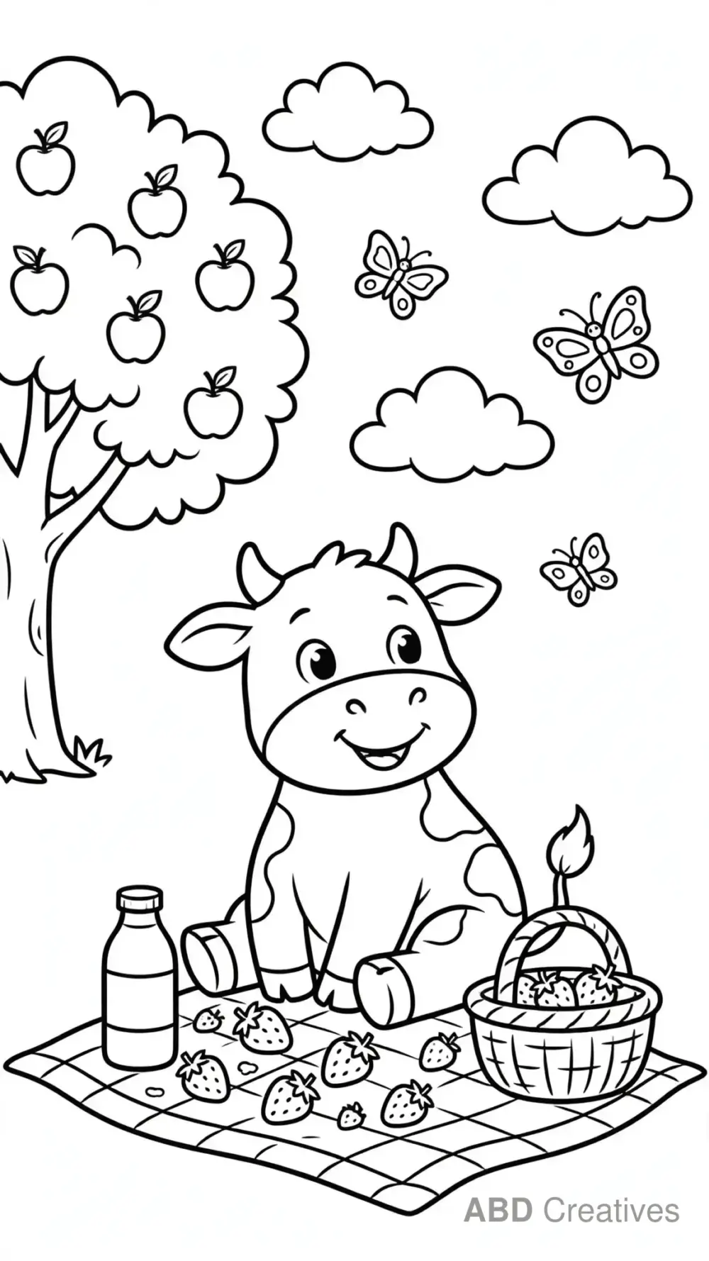 Cow at a Strawberry Picnic Coloring Page