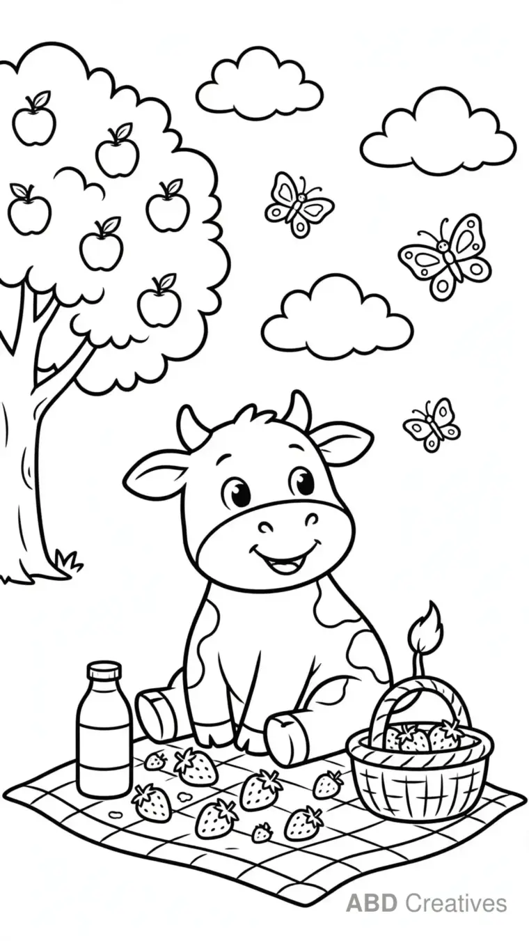 Cow at a Strawberry Picnic Coloring Page